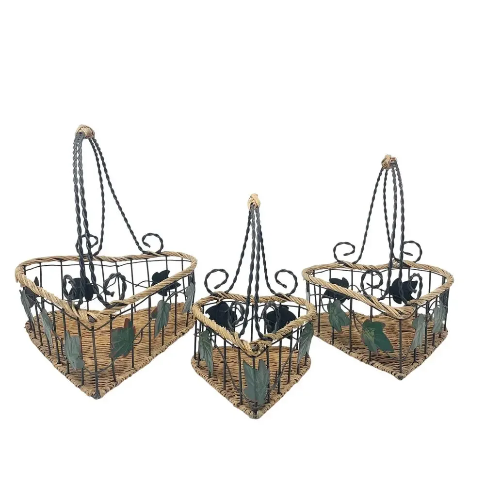 Vintage 90's Heart Shape Nesting Baskets‎ 3 Pc Twisted Handle Metal Green Ivy